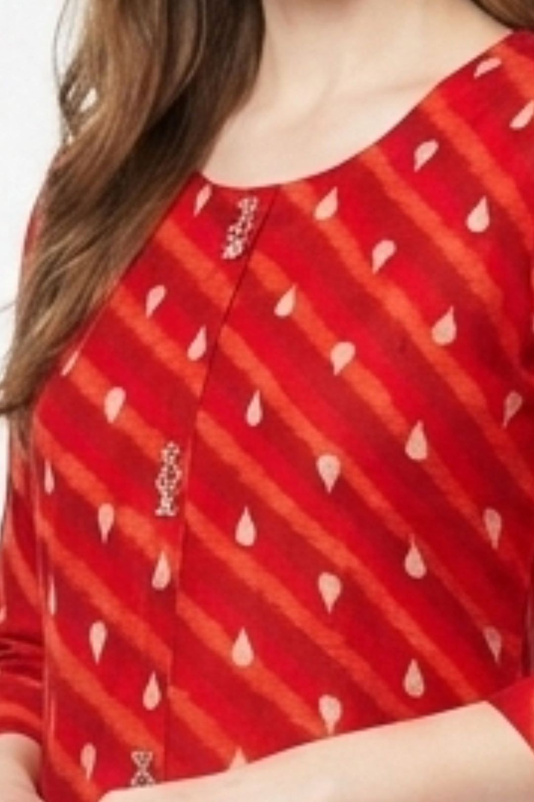 Red Beads, Sequins and Thread work with Digital Print Calf Length Kurti
