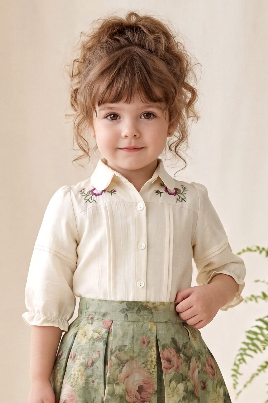 Green Floral Skirt and Beige Embroidered Shirt Set for Girls