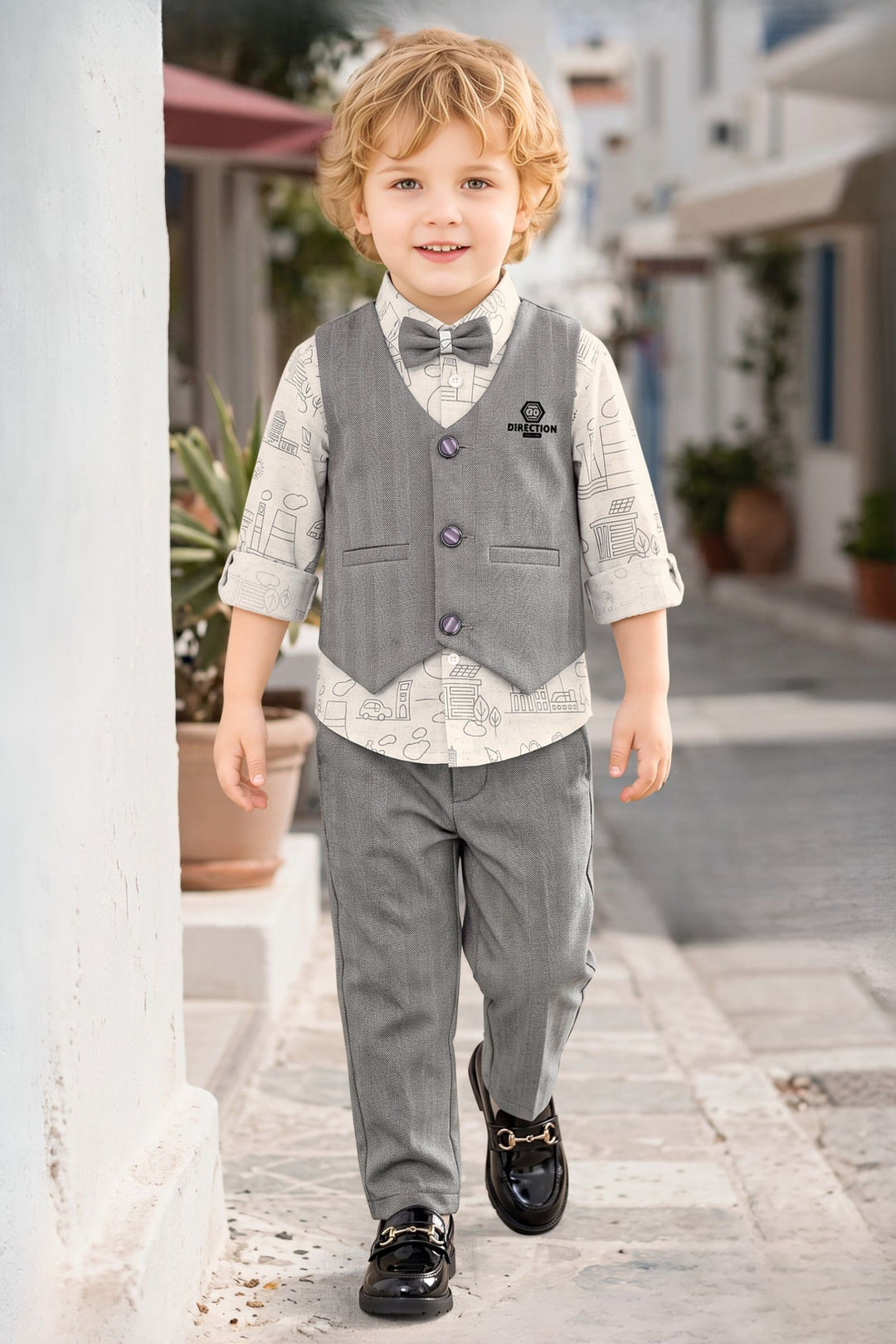 Grey with Half White Waist Coat and Set for Boys