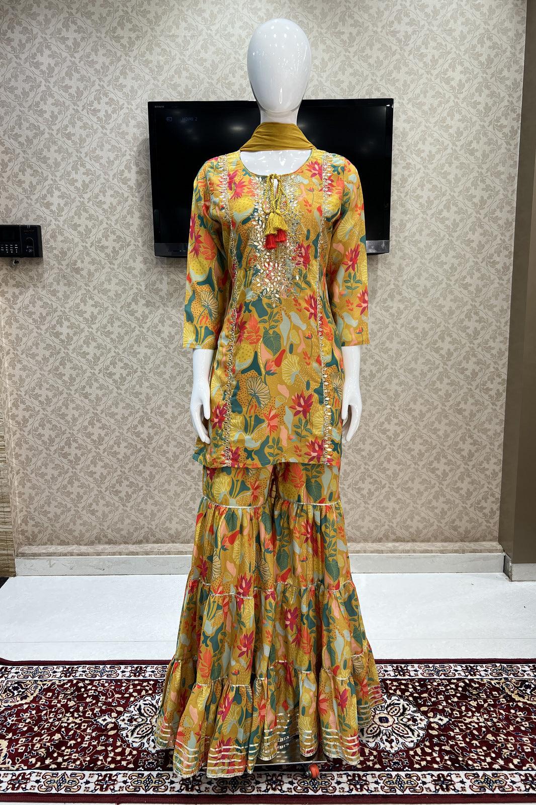 Mustard Multicolor Digital Print, Sequins, Zardozi and Zari work Sharara Salwar Suit - Seasons Chennai