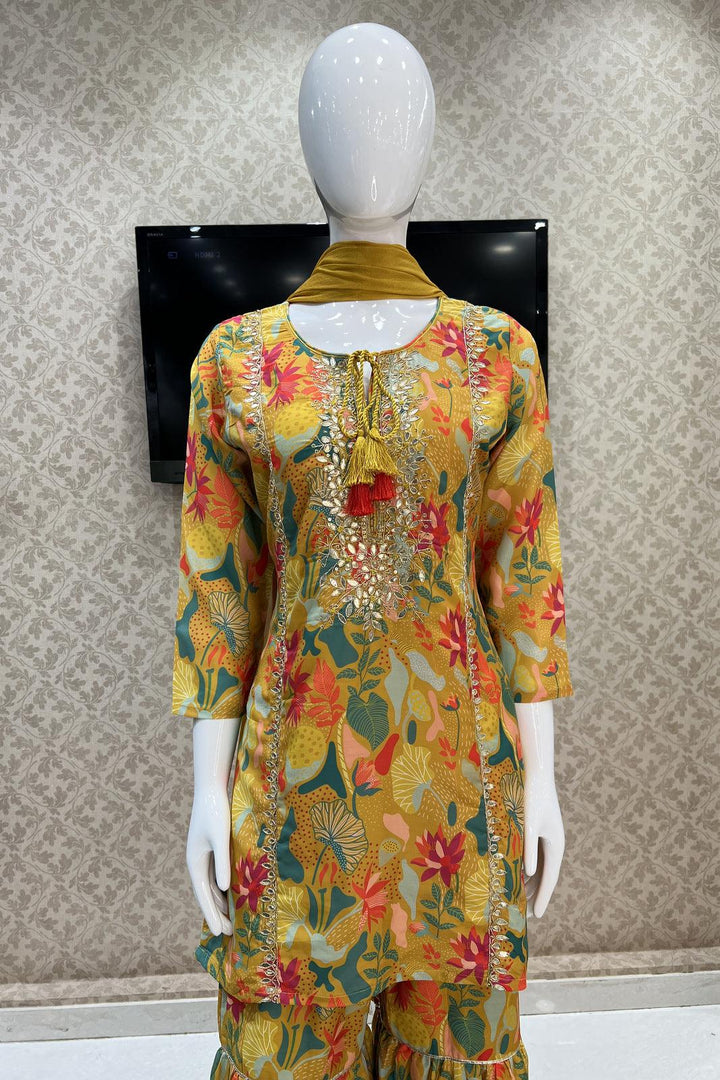 Mustard Multicolor Digital Print, Sequins, Zardozi and Zari work Sharara Salwar Suit - Seasons Chennai