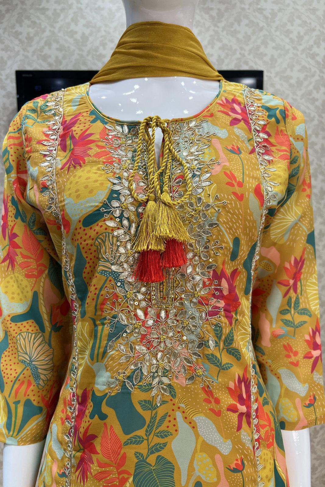 Mustard Multicolor Digital Print, Sequins, Zardozi and Zari work Sharara Salwar Suit - Seasons Chennai