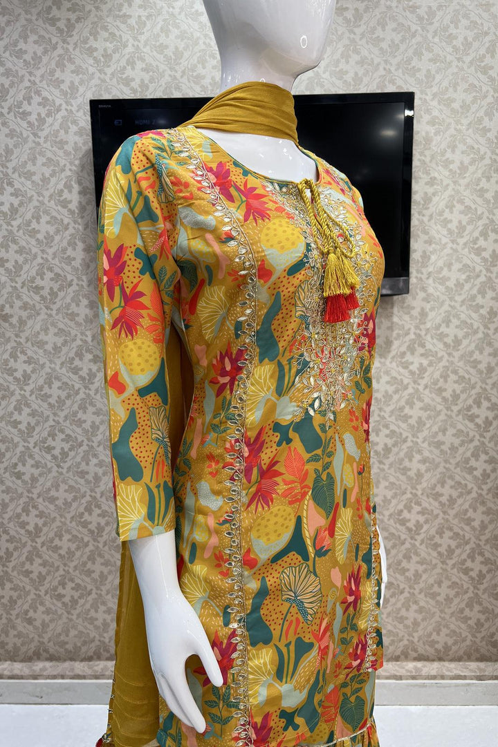 Mustard Multicolor Digital Print, Sequins, Zardozi and Zari work Sharara Salwar Suit - Seasons Chennai