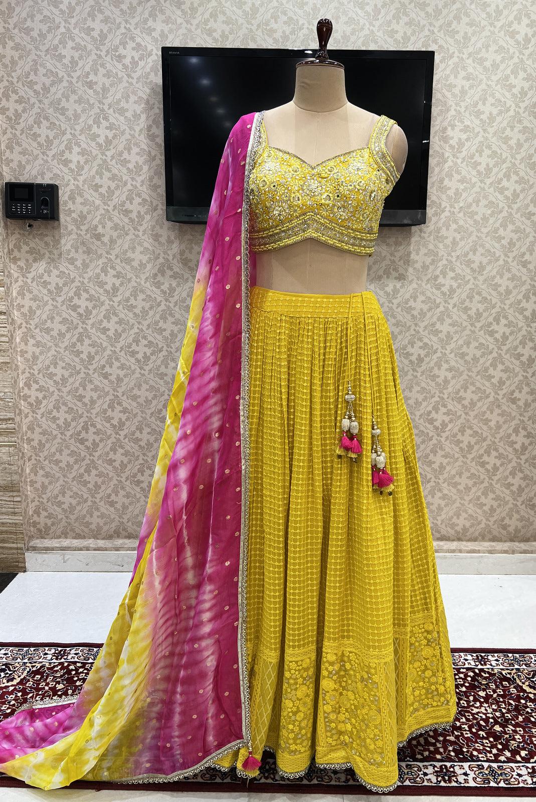 Yellow Sequins, Zari, Thread and Beads work Crop Top Lehenga with Tie ...