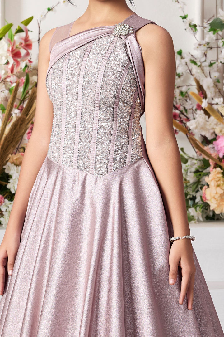 Light Lilac Sequins and Stone work Long Party Gown for Girls