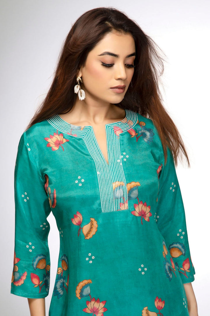 Rama Blue Floral Print Short Kurti