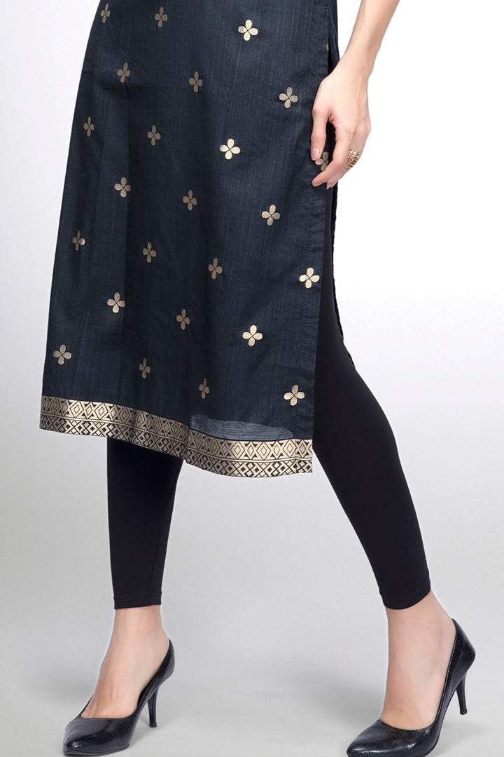 Black Banaras Zari Weaving Calf Length Kurti