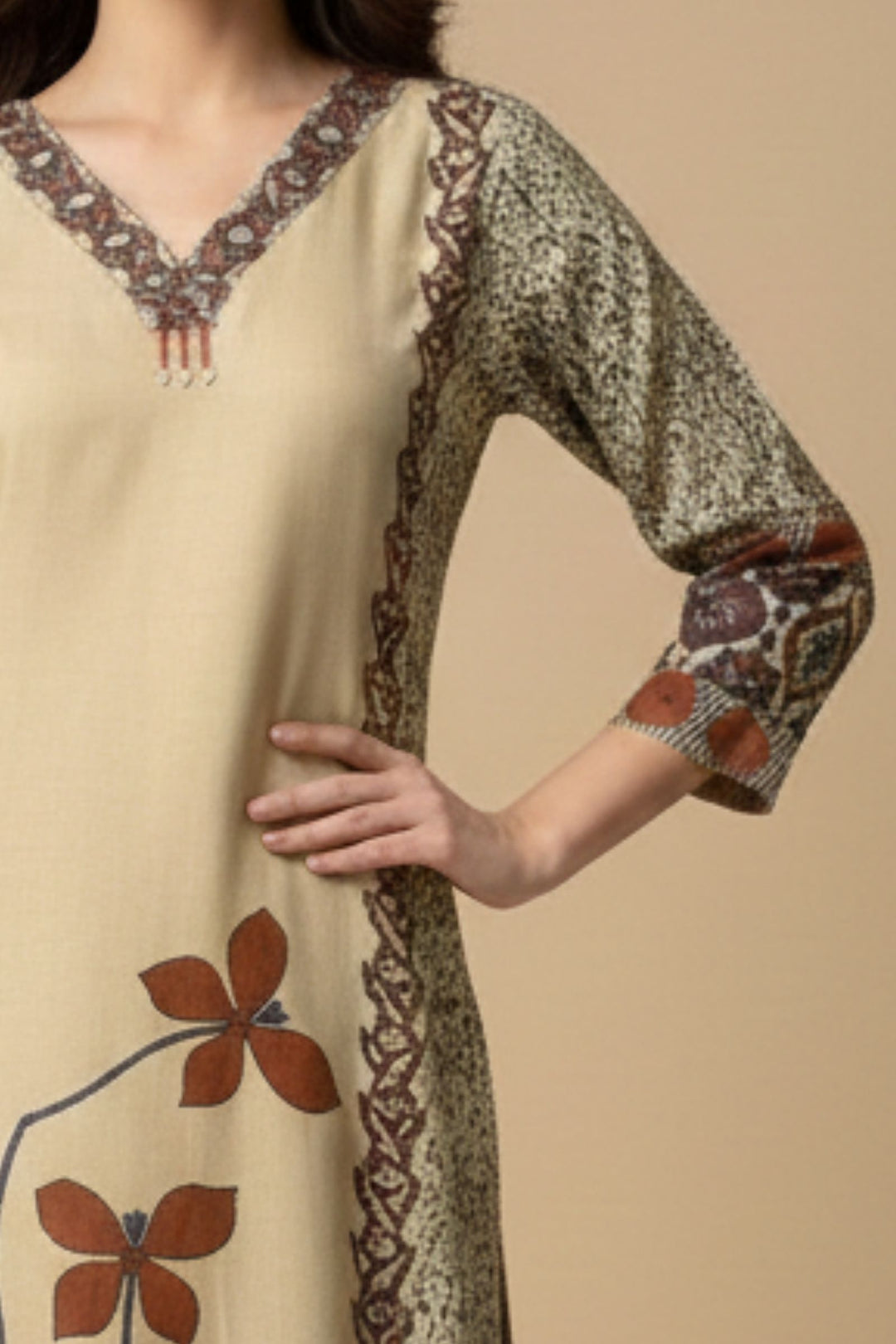 Beige Beads work with Ajrakh Print Calf Length Kurti