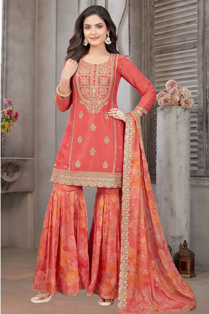 Tomato Red Zari and Sequins work with Digital Print Palazzo Salwar Suit