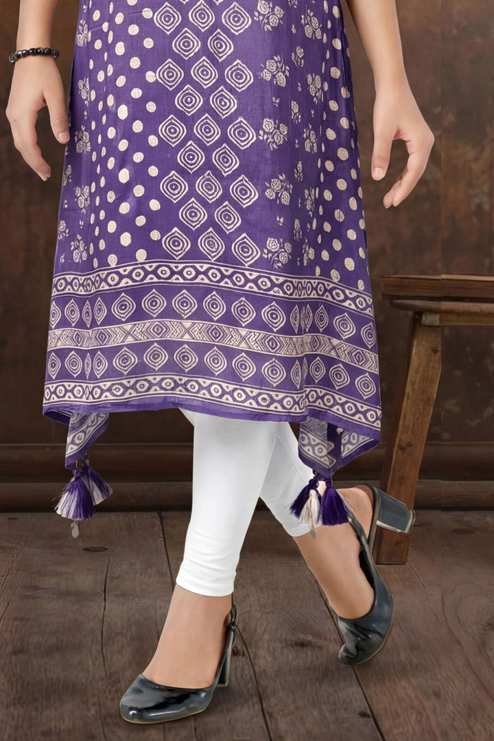 Purple Beads and Mirror work with Digital Print Anarkali Styled Salwar Suit for Girls