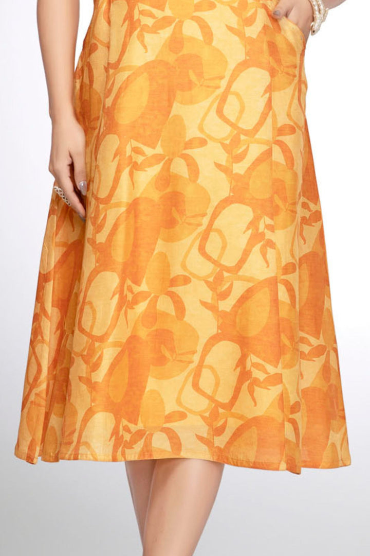 Yellow Stone work with Digital Print A-Line Cut Calf Length Kurti