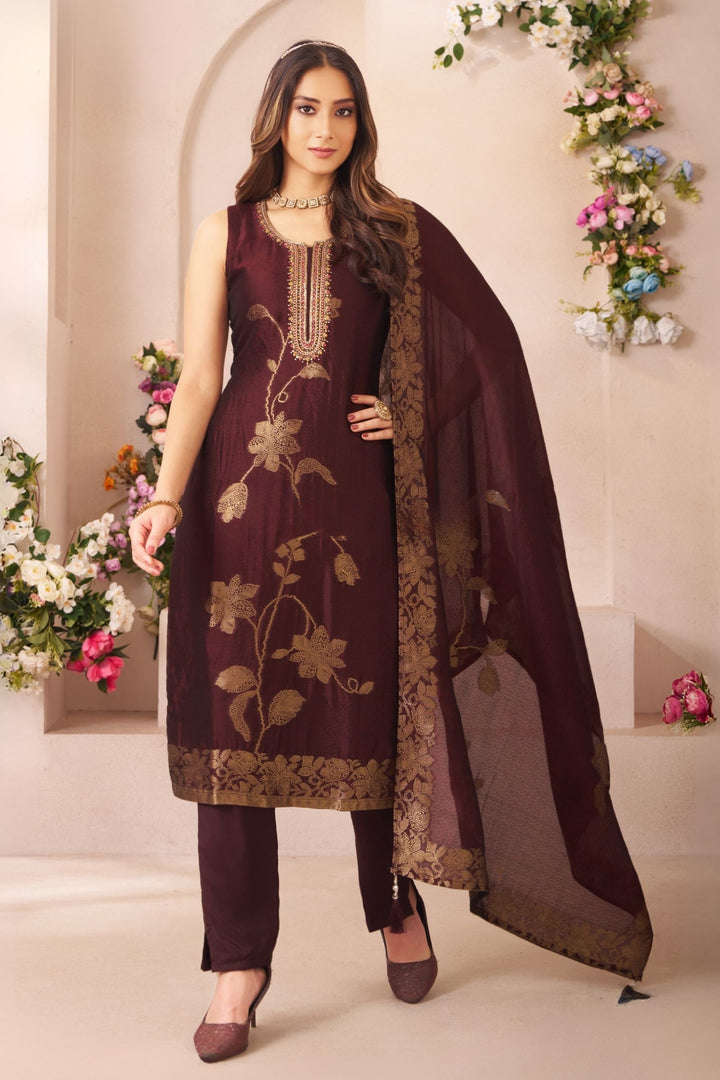 Dark Wine Banaras, Beads, Mirror and Stone work Straight Cut Salwar Suit