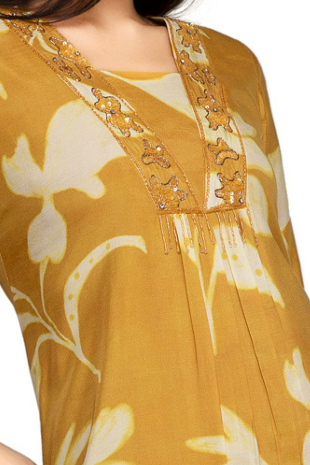 Mustard Beads and Thread work with Digital Print A-line Cut Calf Length Kurti