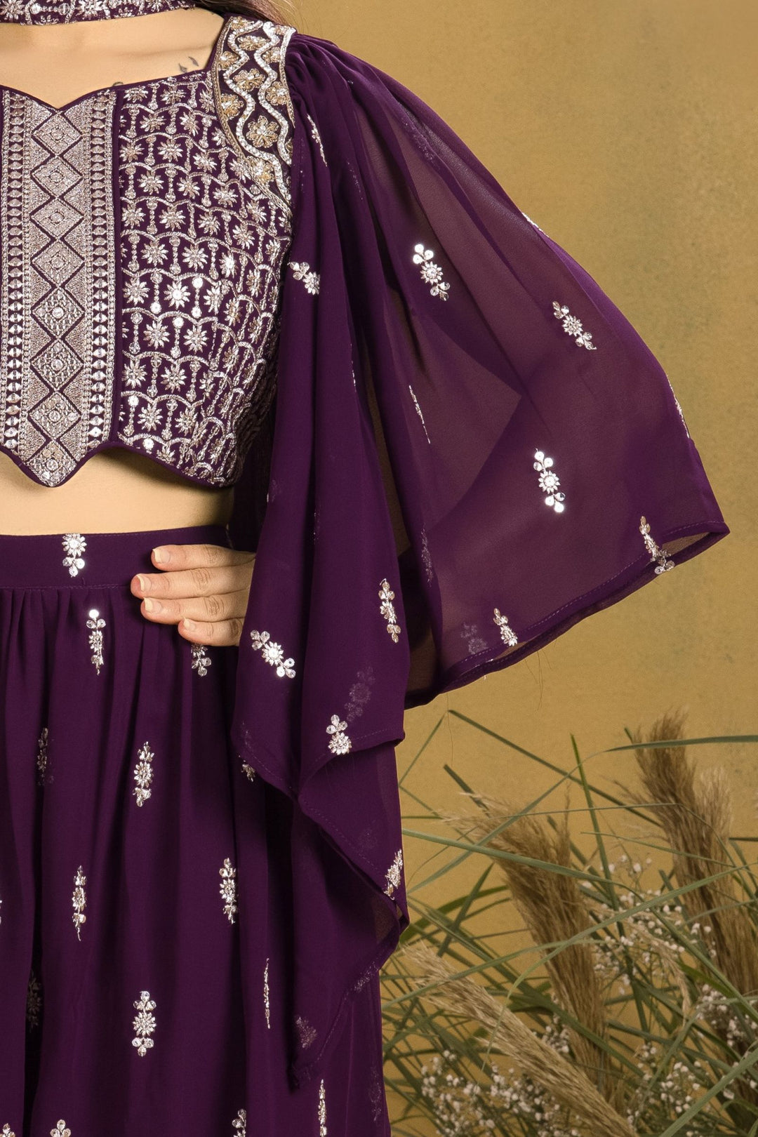 Dark Purple Sequins, Zari, Stone and Beads work Choli and Palazzo Set for Girls