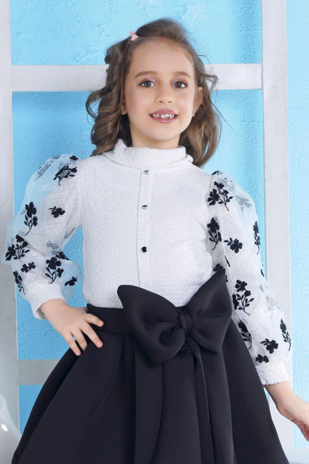 White with Black Velvet Embroidery work Top and Skirt for Girls