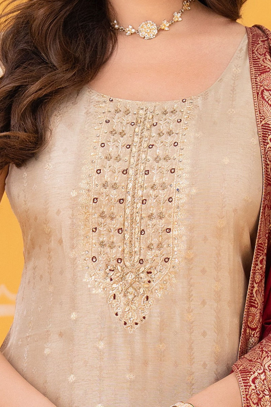 Beige Beads, Stone and Zardozi work Straight Cut Salwar Suit with Banaras work Dupatta
