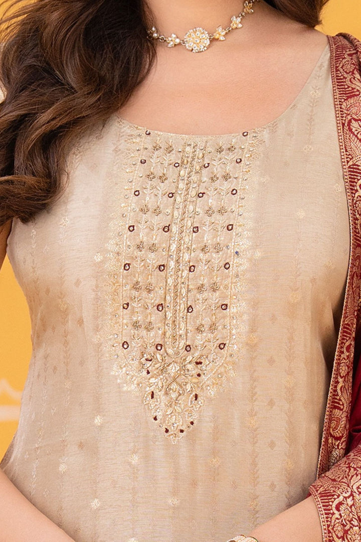 Beige Beads, Stone and Zardozi work Straight Cut Salwar Suit with Banaras work Dupatta