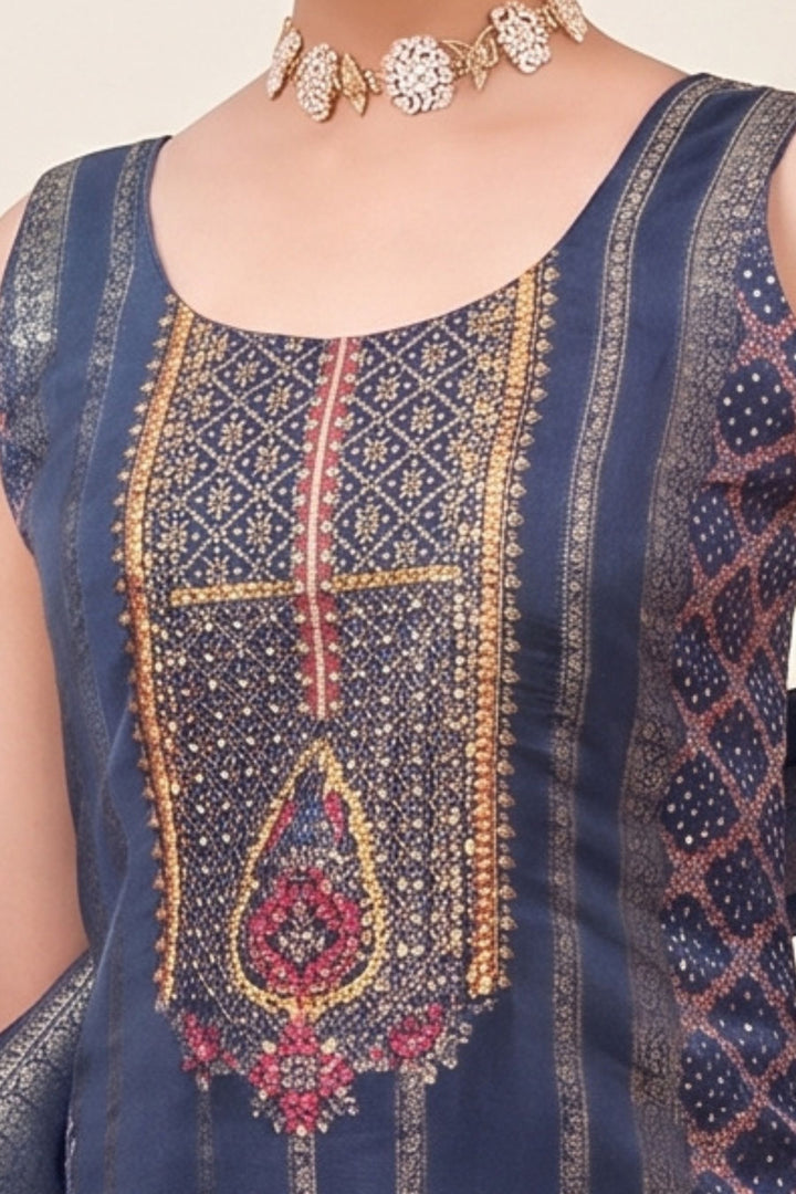 Blue Zardozi, Stone, Sequins and Banaras work Straight Cut Salwar Suit
