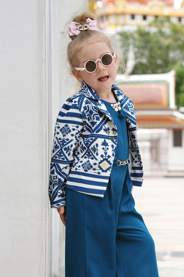 Teal Blue with Cream Digital Print Jacket Styled Jumpsuit for Girls