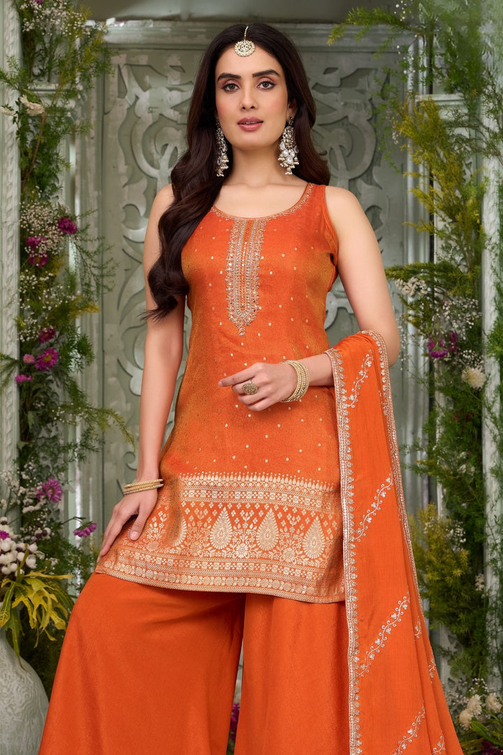 Orange Banaras, Zardozi, Mirror, Stone, Thread and Zari work Palazzo Salwar Suit