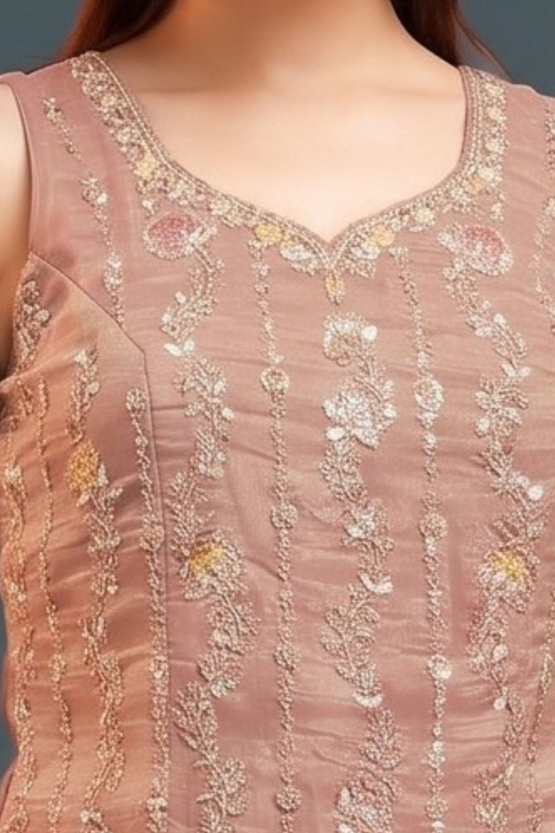 Peach Beads, Zari, Sequins and Thread work Palazzo Salwar Suit