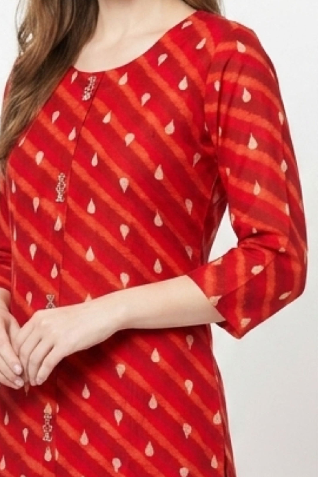 Red Beads, Sequins and Thread work with Digital Print Calf Length Kurti