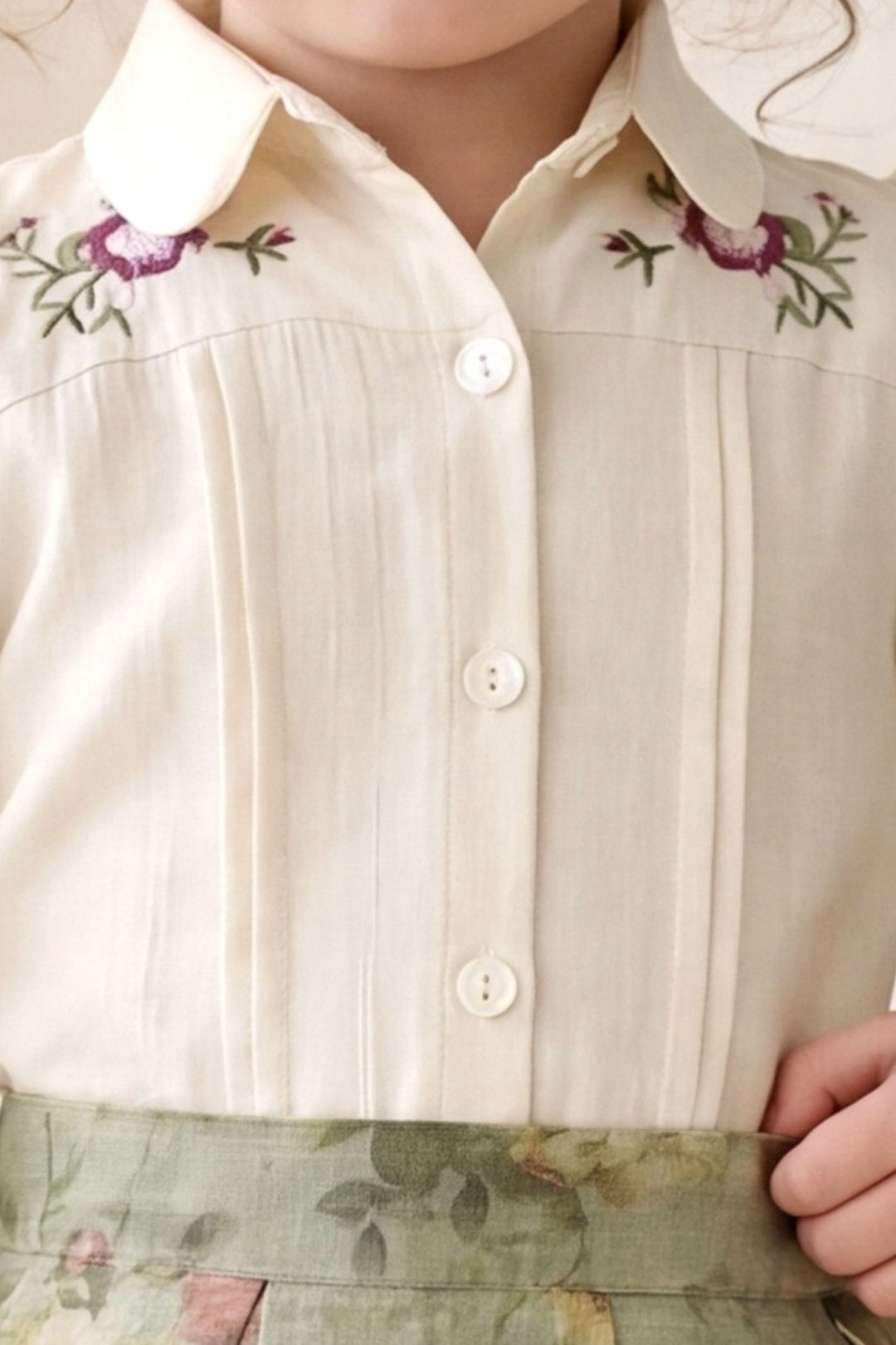 Green Floral Skirt and Beige Embroidered Shirt Set for Girls