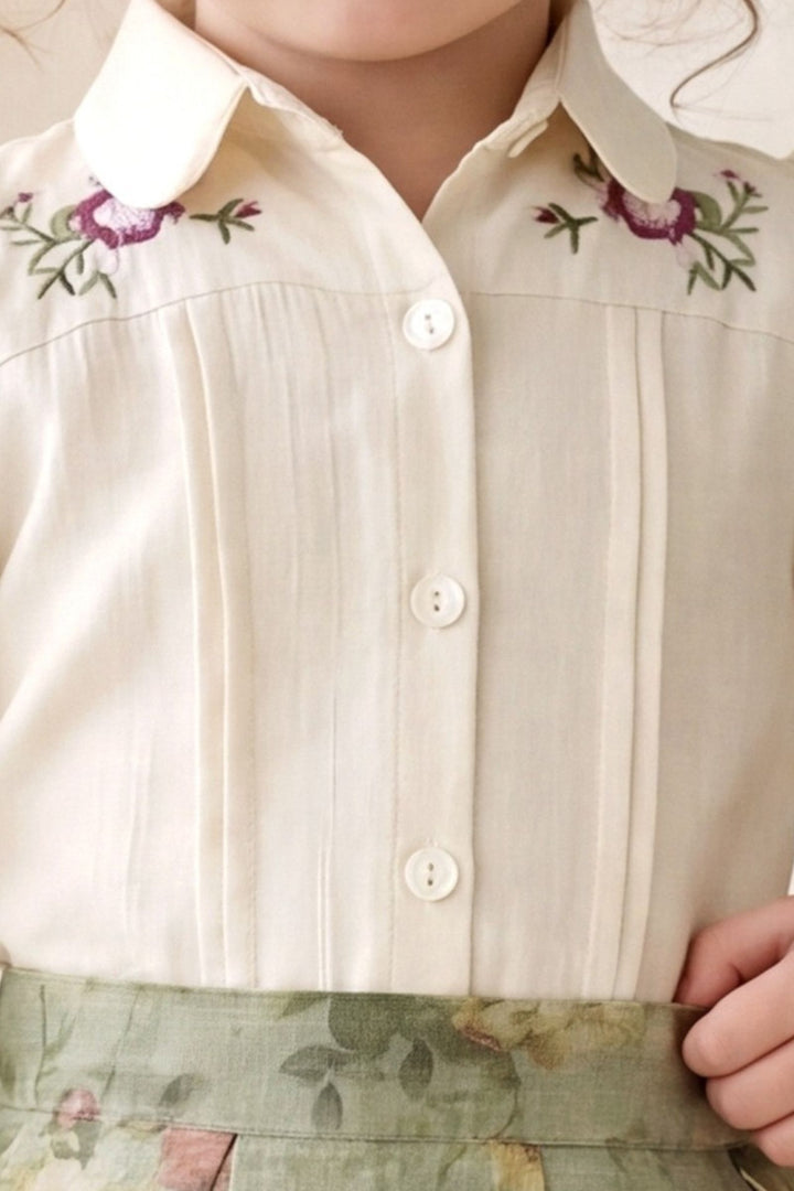 Green Floral Skirt and Beige Embroidered Shirt Set for Girls