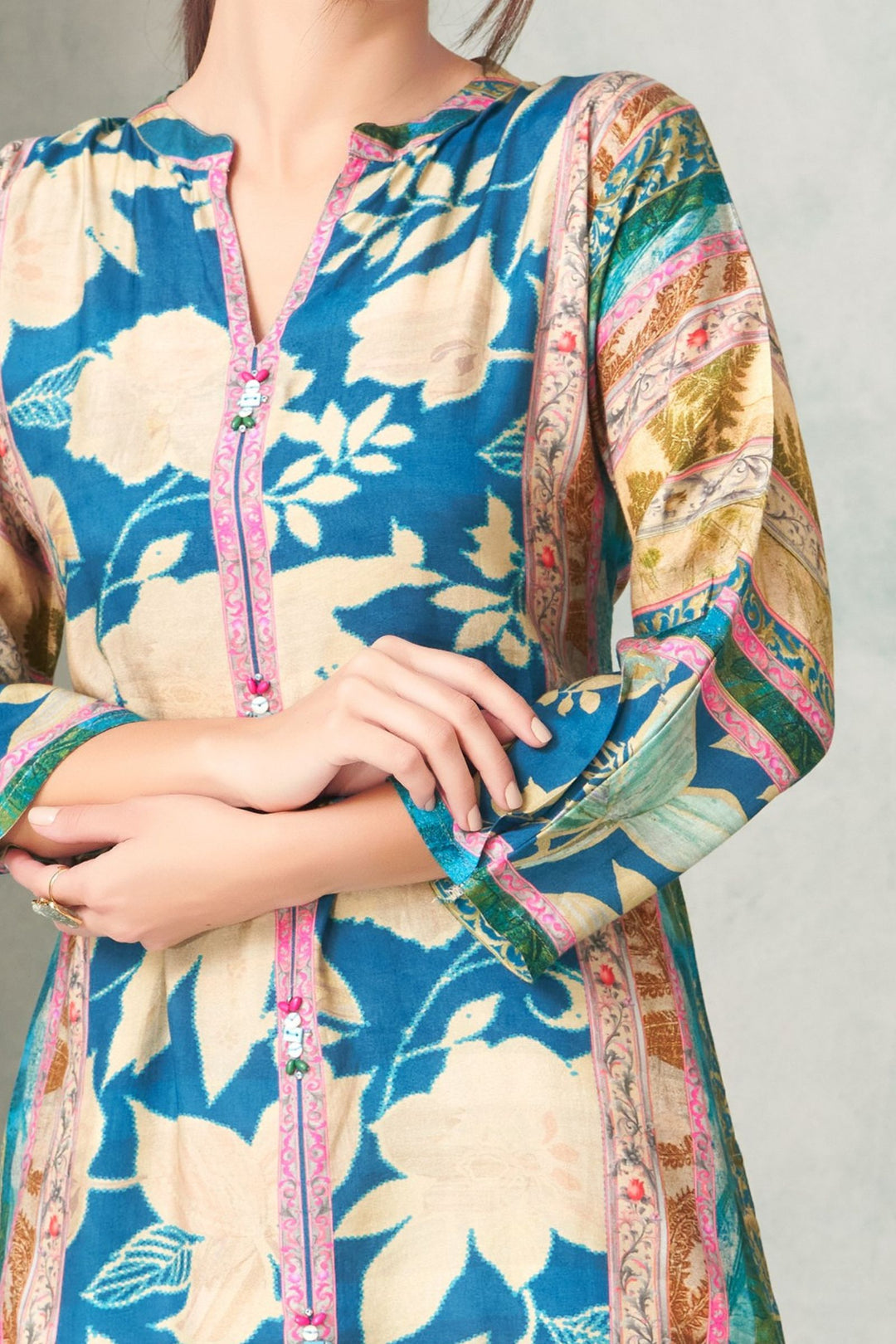 Blue with Beige Digital Print and Sequins work Cord Set