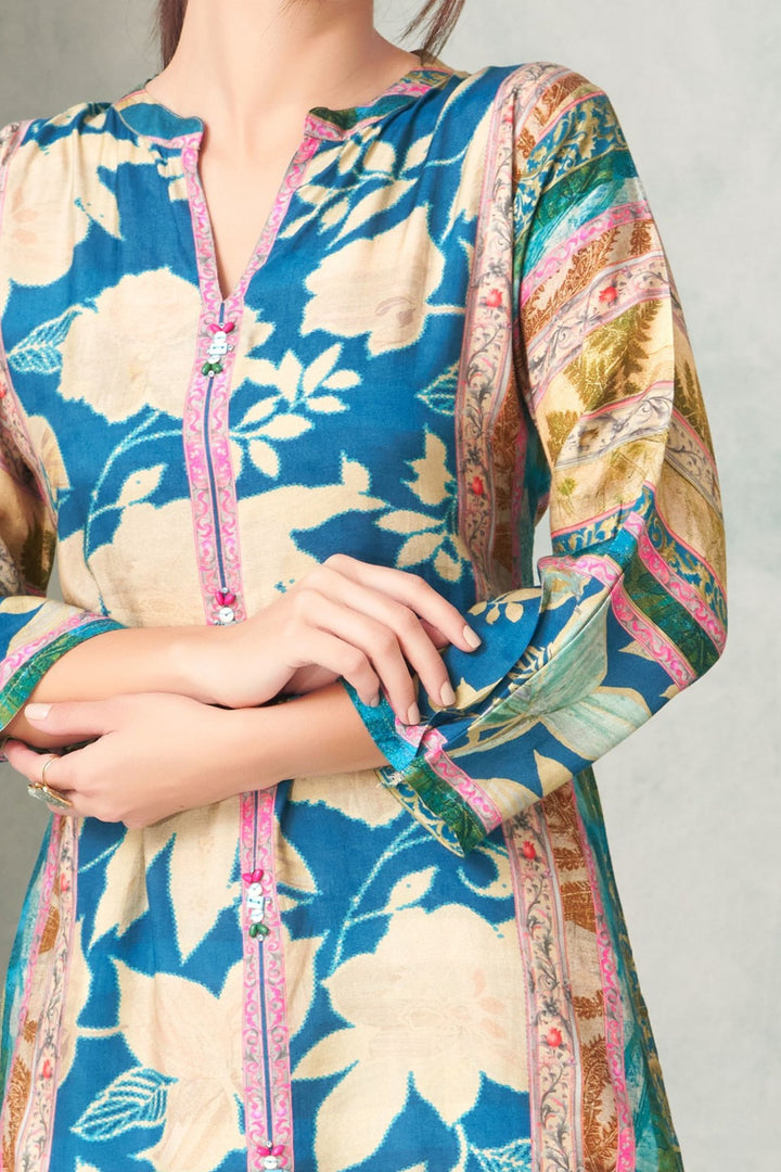 Blue with Beige Digital Print and Sequins work Cord Set