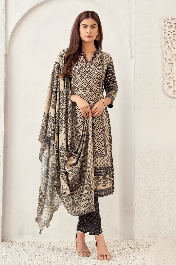 Black with Beige Digital Print Straight Cut Salwar Suit