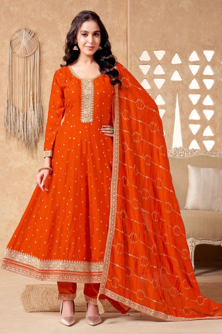 Orange Sequins, Beads and Zari work Anarkali Style Salwar