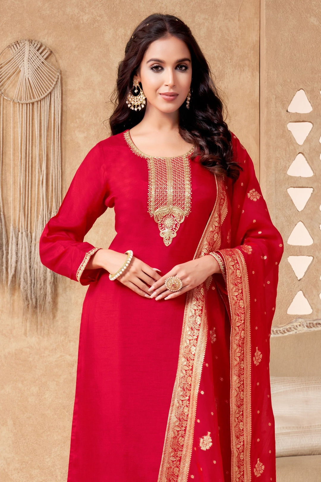 Red Sequins, Zari, Beads and Zardozi work Straight Cut Salwar Suit