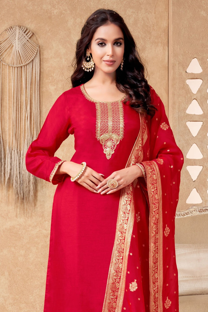 Red Sequins, Zari, Beads and Zardozi work Straight Cut Salwar Suit