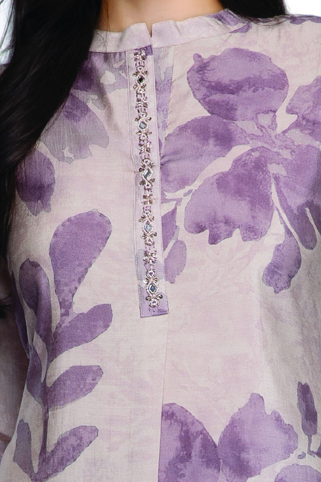 Beige with Purple Digital Print Calf Length Kurti