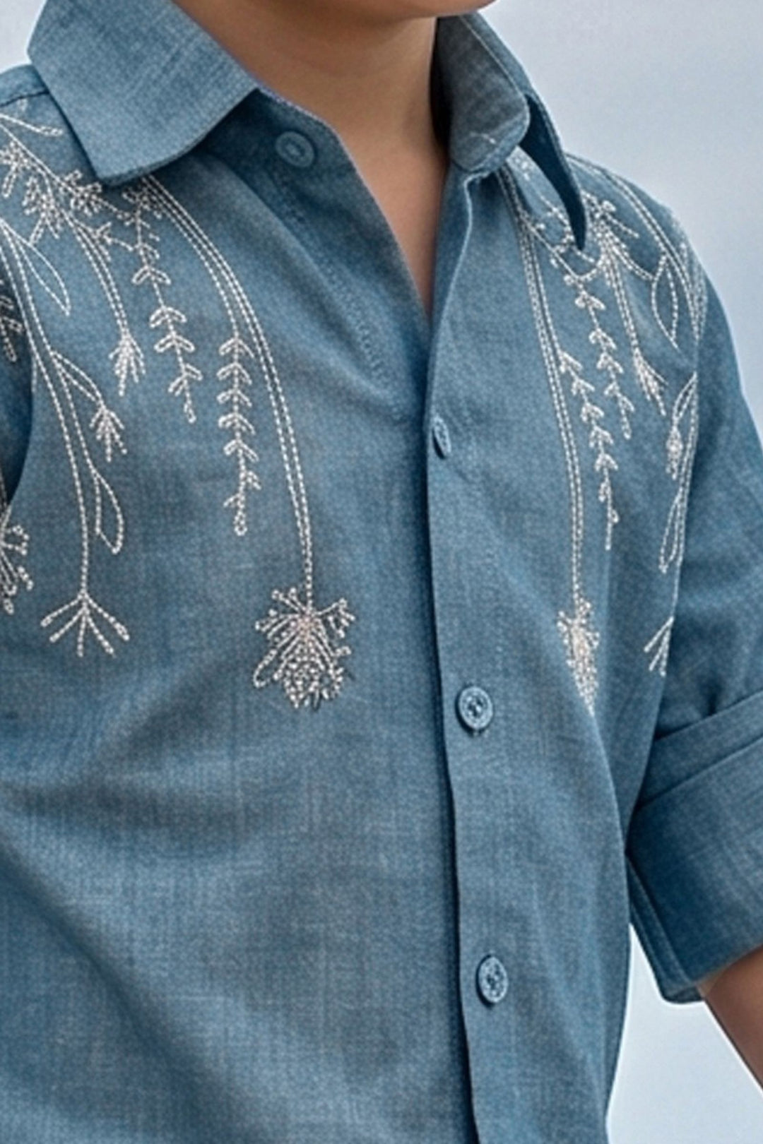Blue Thread work Shirt and Beige Pant Set for Boys