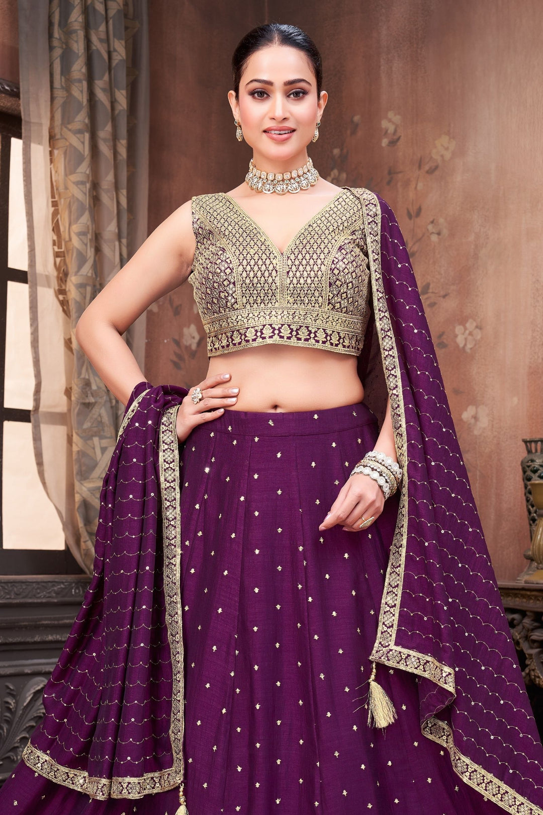 Wine Sequins and Zari work Crop Top Lehenga