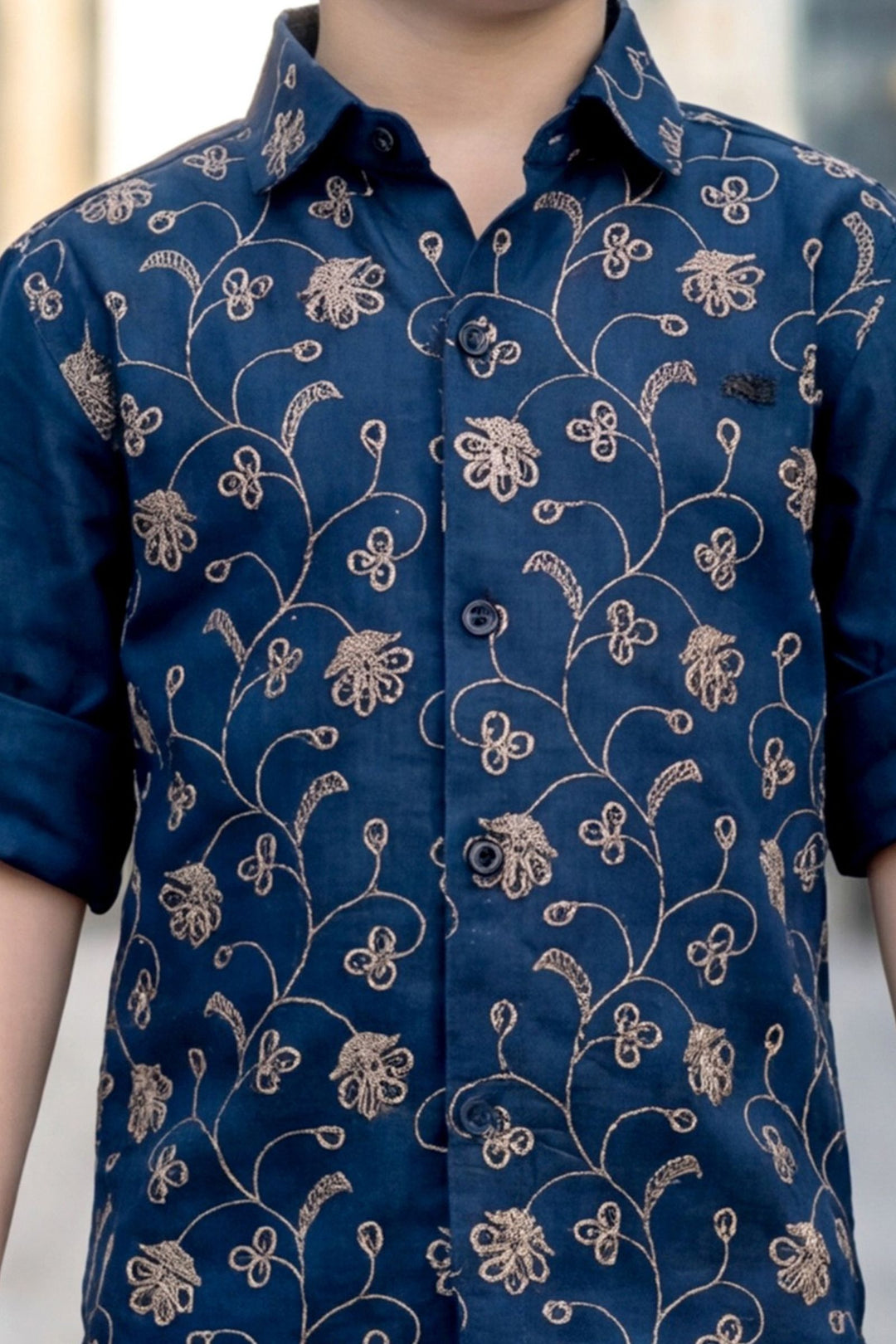 Blue Embroidery work Shirt and Brown Pant Set for Boys