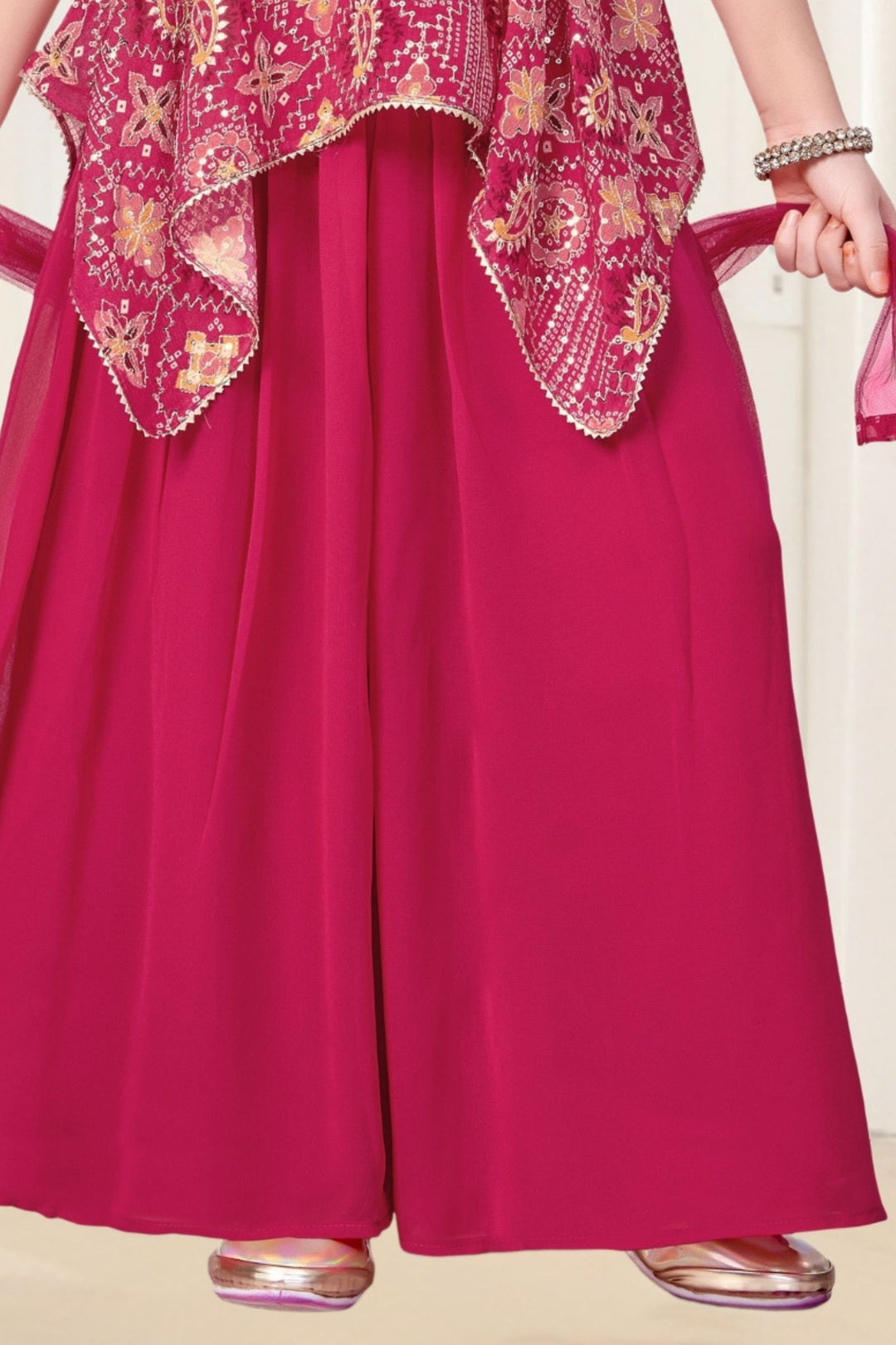 Rani Pink Zari, Sequins and Stone work with Digital Print Palazzo Set For Girls