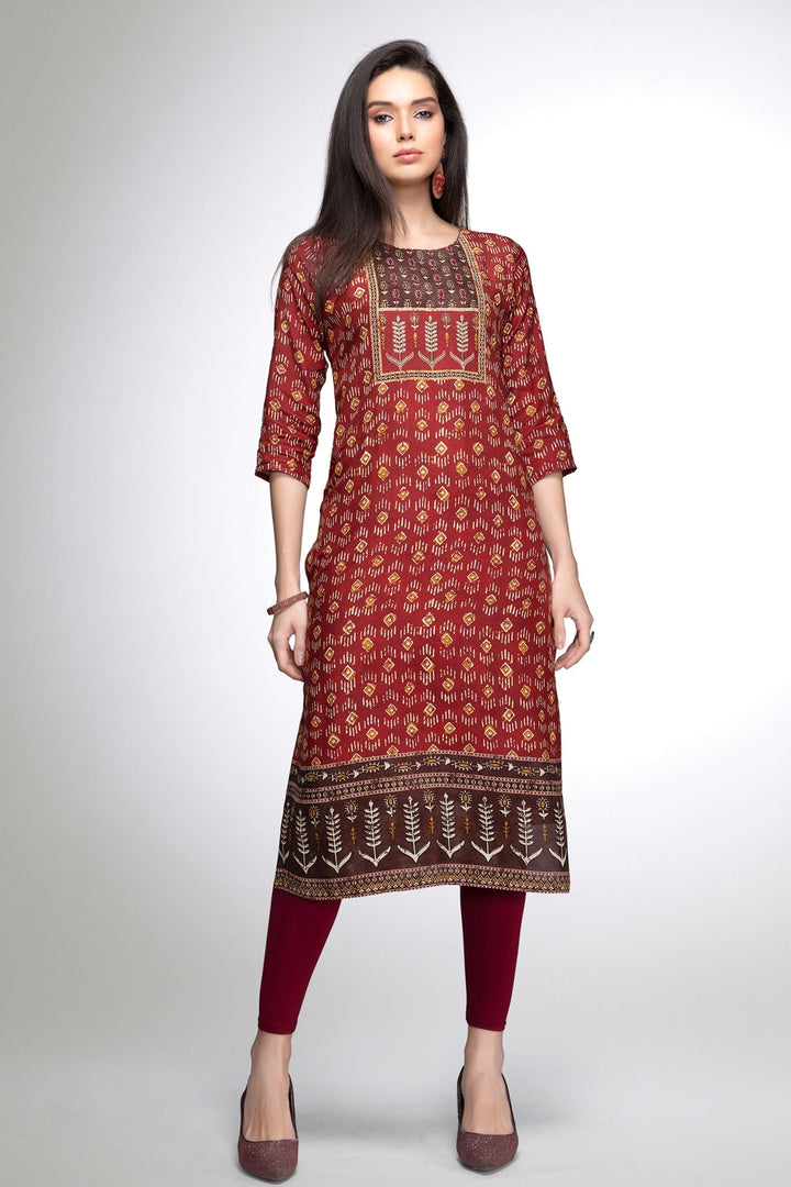 Brick Red with Coffee Brown Digital Print Calf Length Kurti