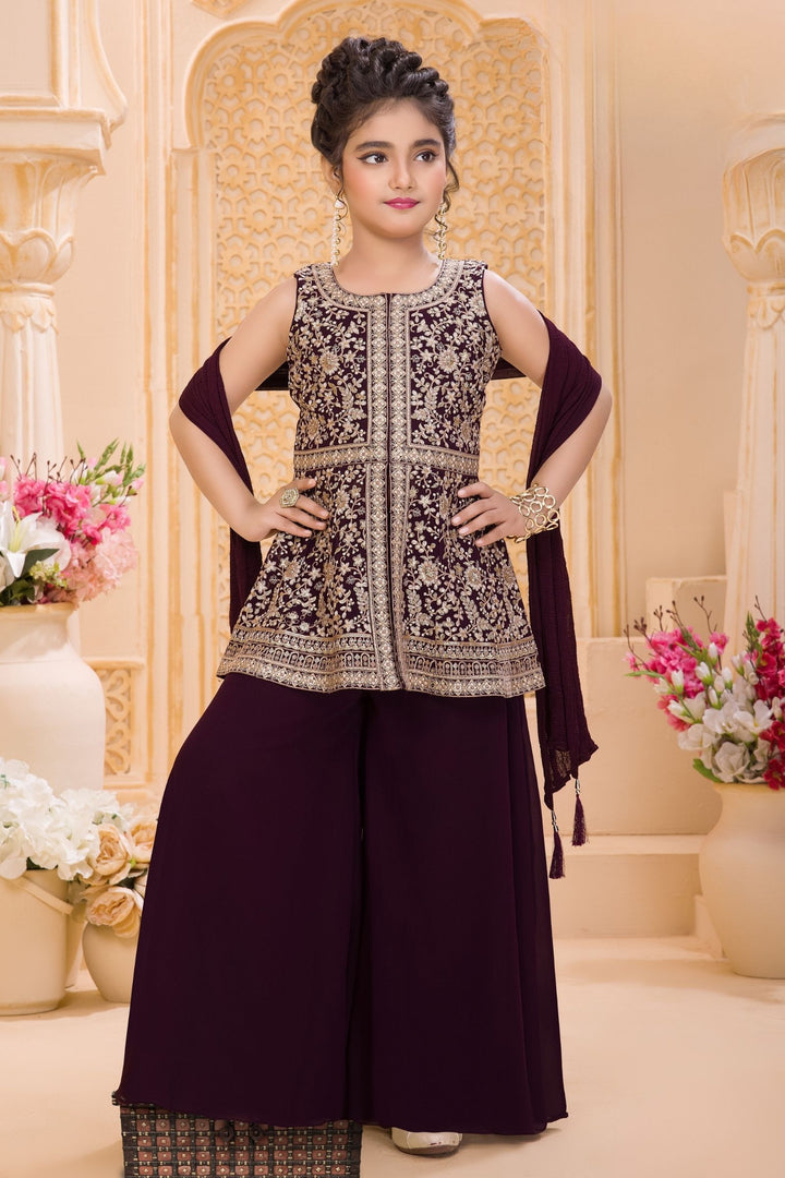 Wine Zari and Sequins work Palazzo Suit Set for Girls
