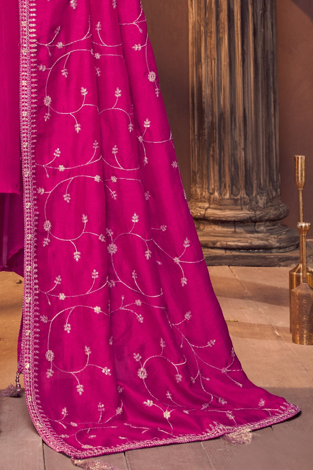 Dark Pink Sequins, Zari, Mirror, Stone and Zardozi work A-line Cut Salwar Suit