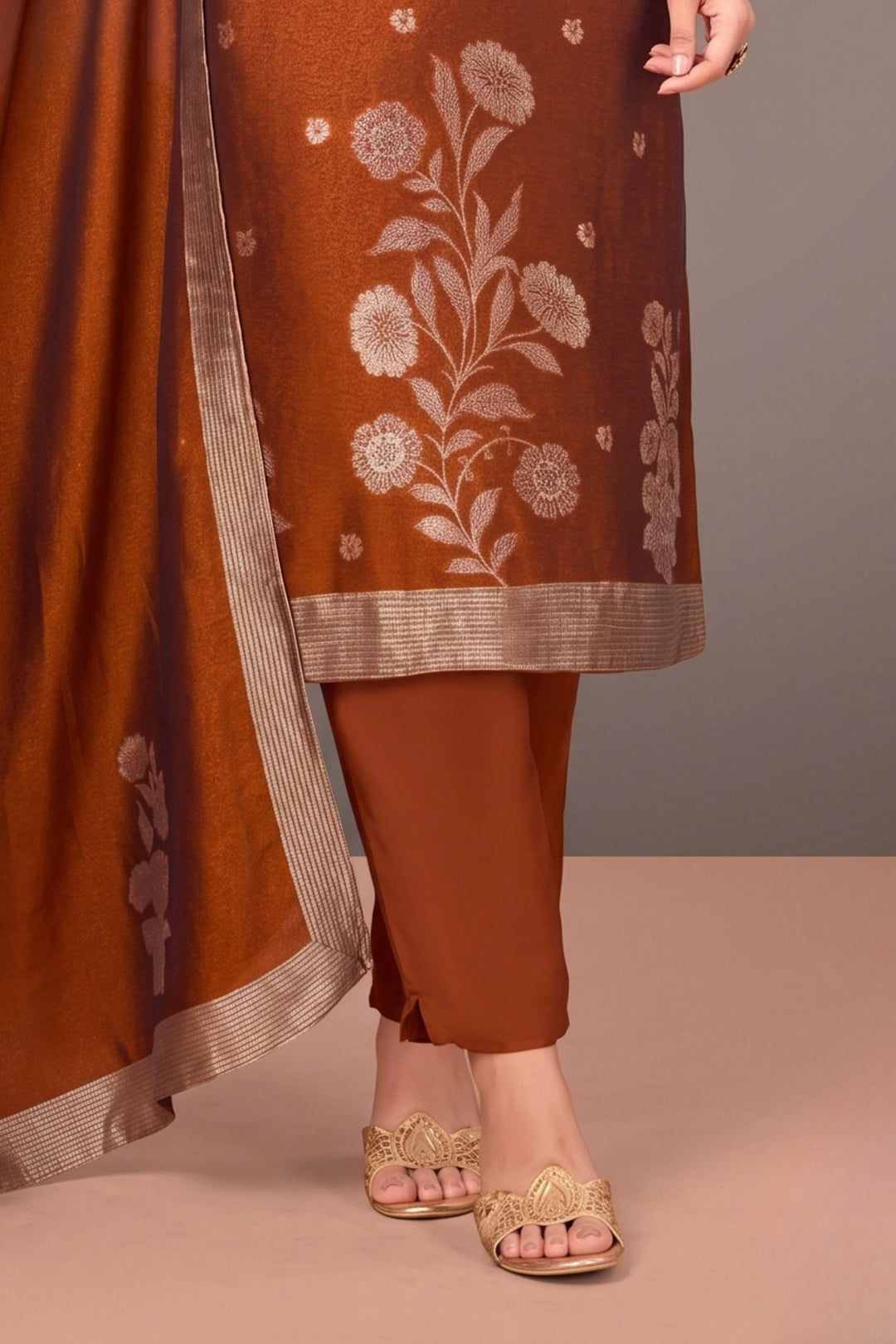 Rust Brocade, Mirror, Beads and Sequins work Straight Cut Salwar Suit