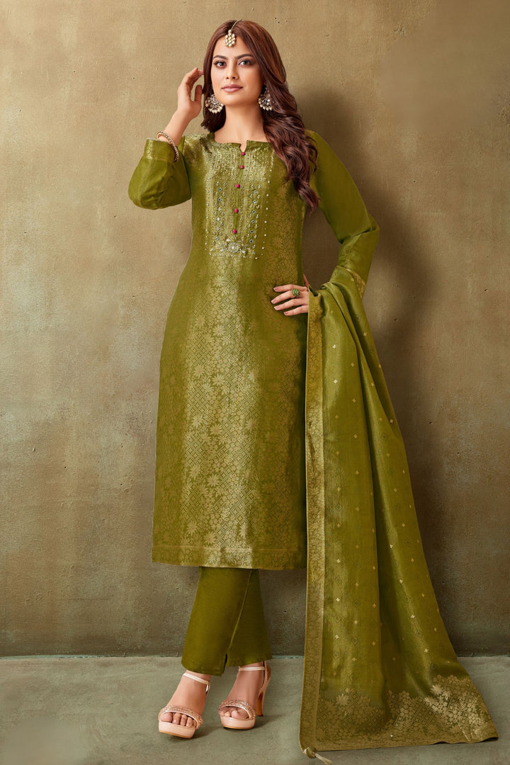 Mehendi Green Mirror, Zardozi, Beads and Brocade work Straight Cut Salwar Suit