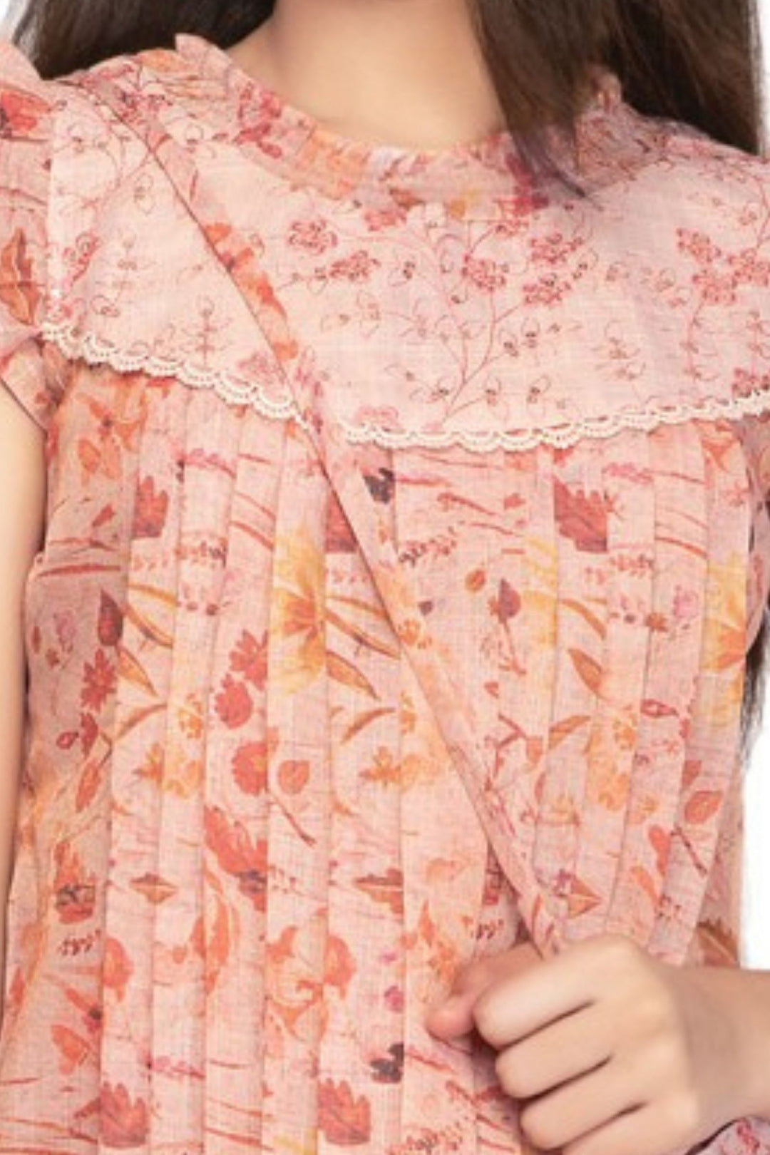 Girls Printed Casual Frock with Lace Yoke