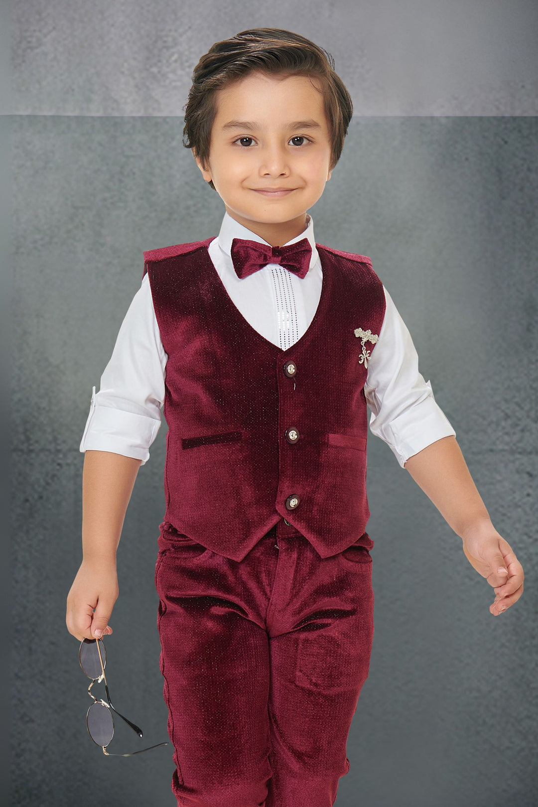 Maroon with White Waist Coat, Shirt and Suspender Style Pant Set for Boys