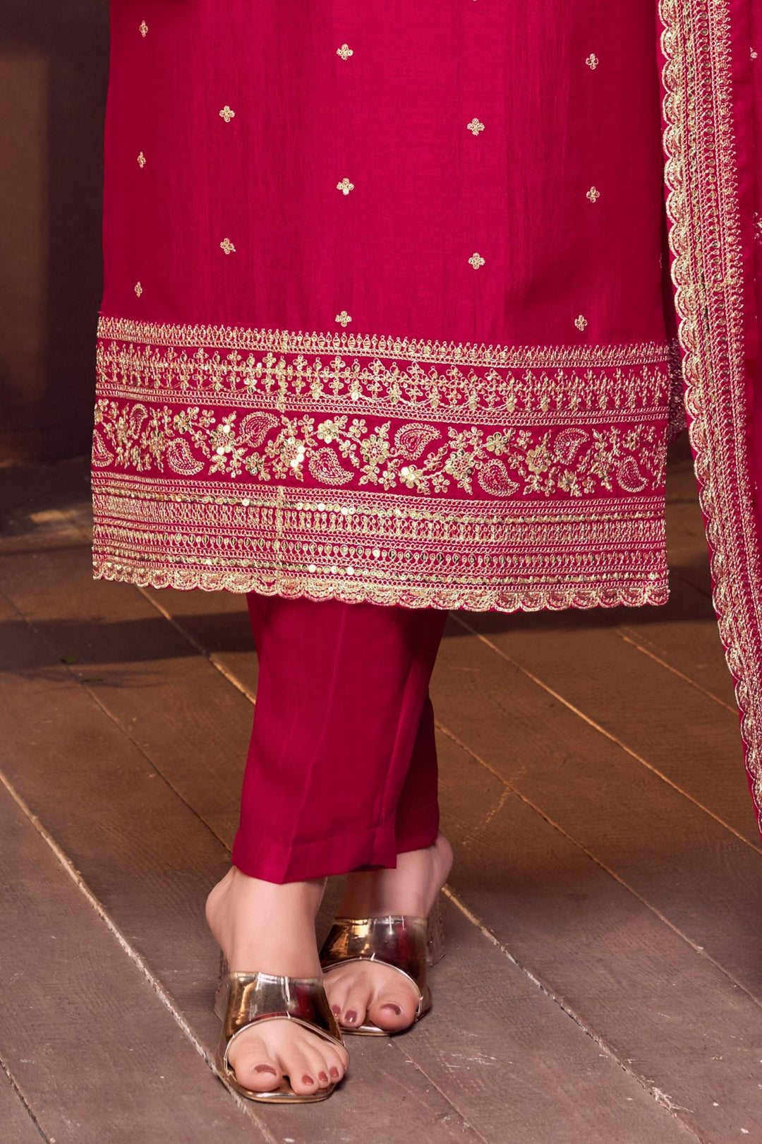 Red Sequins, Zari, Mirror, Zardozi, Beads and Pearls work Straight Cut Salwar Suit