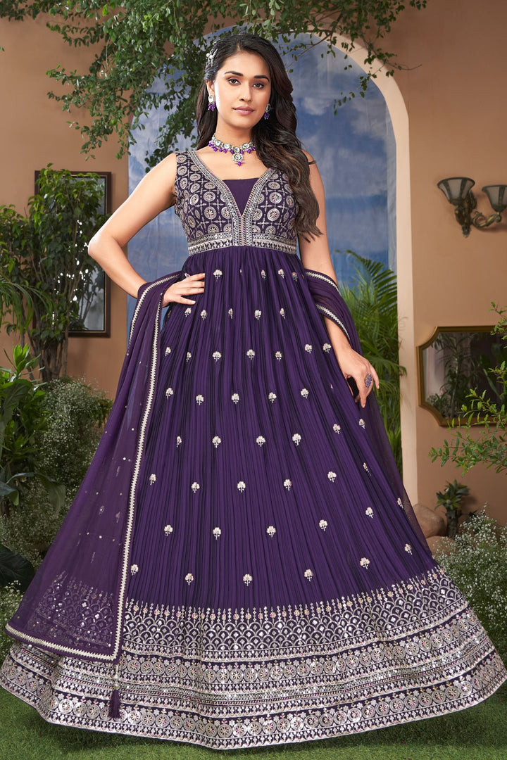 Dark Purple Thread, Zari and Sequins work Floor Length Anarkali Suit