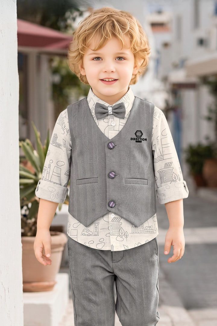 Grey with Half White Waist Coat and Set for Boys