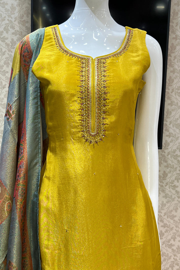 Olive Green Sequins, Zardozi, Thread, Beads and Stone work Straight Cut Salwar Suit